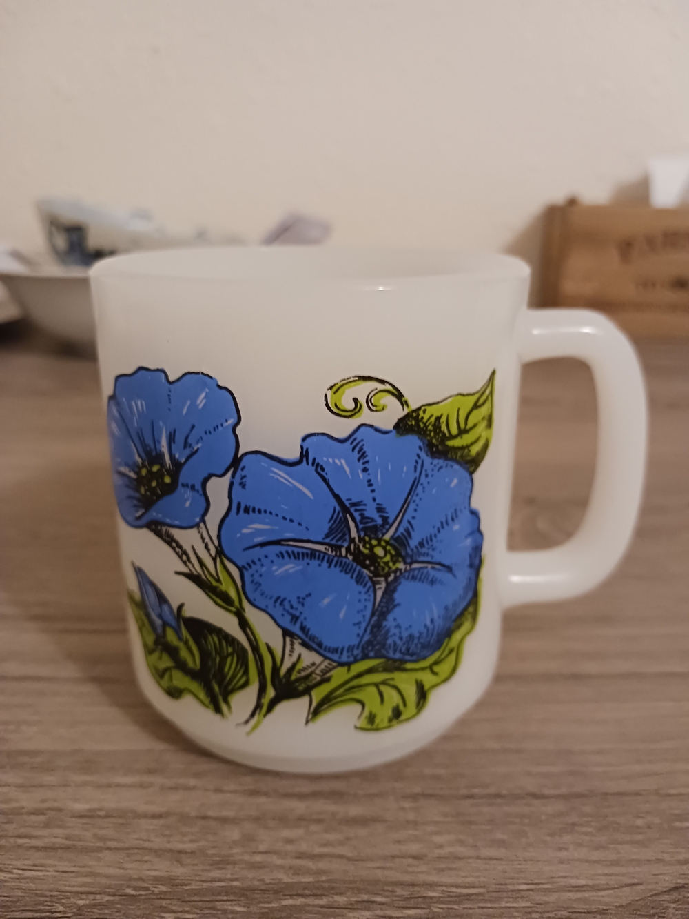 White Glasbake Mug Blue Morning Glory Coffee Mug